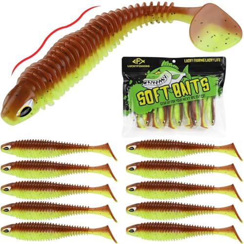 LUCKYFISHING Paddle Tail Swimbaits 10 PCS Fishing Lures Soft Plastic Lures for Trout Crappie Walleye Soft Baits for Bass Fishing Freshwater Saltwater 3.5 Inch