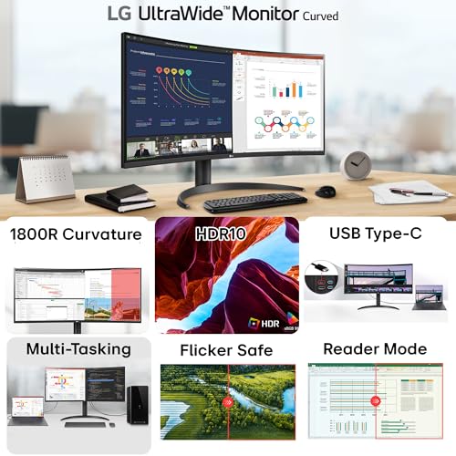 LG 34WR50QK 86.42 cm (34 Inch) 21:9 UltraWide WQHD (3440x1440) Curved Monitor(1800R), sRGB 99% (Typ.), HDR10, Anti-Glare, 3-Side Virtually Borderless, HDMI X 2, DP, HP Out, Tilt Adjustable,PBP, Black view 2