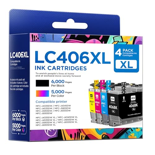 LC406XL Ink Cartridges High Yield Compatible for Brother LC406XL LC406 use with MFC-J4335DW MFC-J4535DW MFC-J5855DW MFC-J6555DW MFC-J6955DW Printer (Black, Cyan, Magenta, Yellow, 4 Pack)