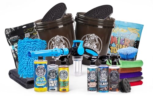 Salty Captain Mega 20-Piece DIY Car Cleaning Kit – All-in-One Car Detailing Kit with 2x Buckets, Towels, Brushes & 6x Cleaning Fluids – Captain’s Musket Foam Gun for Garden Hose – Premium Quality