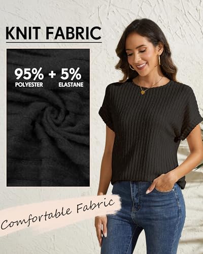 3 Pack Women Summer Sweaters Tops Crew Neck Short Sleeve Ribbed Knit T Shirts Dressy Casual Business Tunic Blouses4