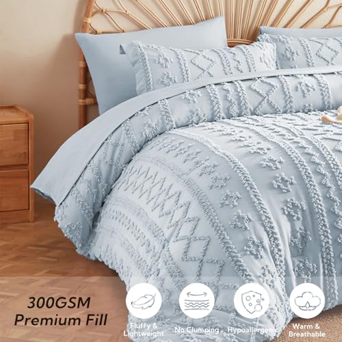 Image of MR&HM Dusty Blue Boho Comforter Set Queen, Tufted Boho Bedding Set, Farmhouse Shabby Chic Bed in a Bag with 1 Comforter, 2 Pillow Shams, 2 Pillowcases, 1 Flat Sheet, 1 Fitted Sheet for All Seasons