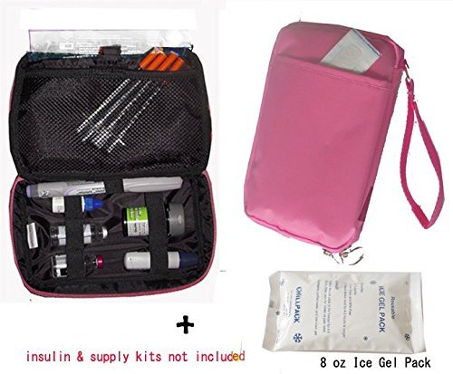 Diabetic/Cosmetic Organizer Cooler Bag-for Insulin, Testing Kits,W/2x Ice Pack Included -Pink