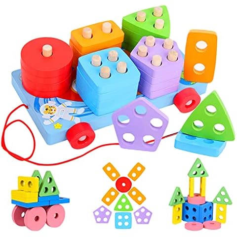 Montessori Toys for 1 2 3 4 Year Old Boys Girls ,Wooden Sorting & Stacking Toys for Toddlers 1-3, Color Recognition Stacker Shape Sorter,Educational Learning Sensory Toy Gift for Boys kids age 1-5 Cover