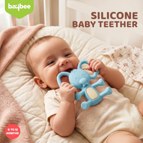 Image of Baybee Silicone Baby Teether for Teething Gums, Manhattan Teething Rattle Toy with Loops Ring, 100% Food Grade Silicone & BPA Free Teethers Toy for Babies, Chew Teether for 6 to 12 Months (Blue)