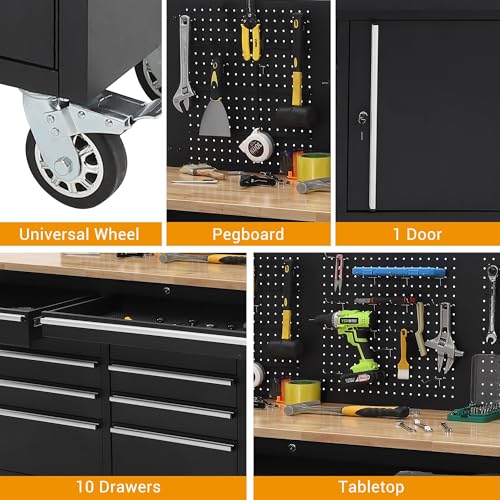 Image of Tool Chest, 61 Inch Tool Box Mobile 9 Drawers Storage Rolling Cabinet with Wheels Lock Key Locking System Drawer Liners for Garage Warehouse Repair Shop, Black