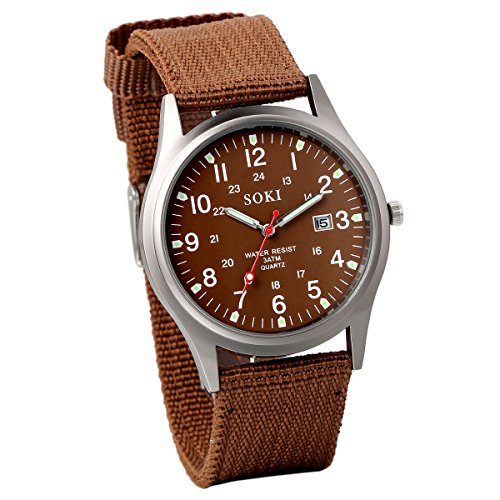 JewelryWe Reloj para Hombre, Reloj de Cuarzo de Caballero con Correa de Nylon, Reloj con Calendario Estilo Sencillo, Regalo para Hombre, Color Marrón