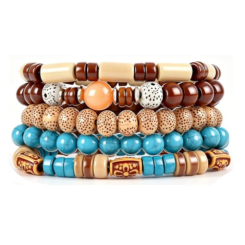JAVMOO Wooden Beads Bracelet Turquoise Cuff, Handmade Vintage Boho Adjustable