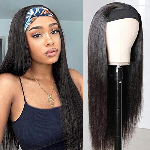 Straight Human Hair Headband Wigs for Black Women (12 inch) Glueless None Lace Front Human Hair Wigs Brizilian Virgin Hair Machine Made Headband Wig Human Hair Wigs