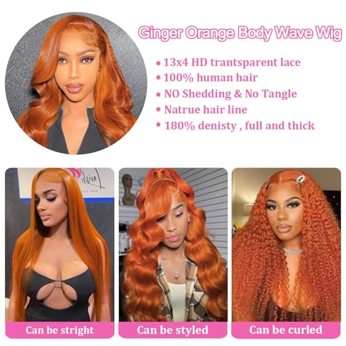 Image of Dark Ginger 13x4 Lace Front Wigs Human Hair Glueless Ginger Orange Colored Body Wave Lace Front Wigs with Baby Hair Pre Plucked 180 Density HD Transparent Lace Frontal Wigs for Women 18 Inch