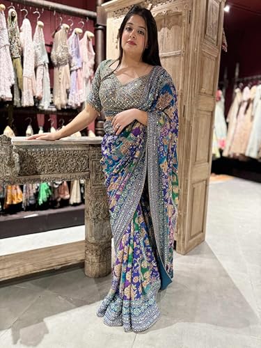 Image of Women's Blue Green Pink Multicolored Ajrak Digital Prined Real Mirror And Latkan Worked Saree With Blouse