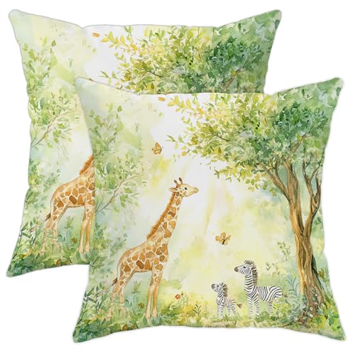 Safari Animal Pillow Covers Set of 2, Green Giraffe and Striped Horse Throw Pillow Cases, Nature Decorative Square Cushions for Living Room Kids Bedroom 18x18 Inch