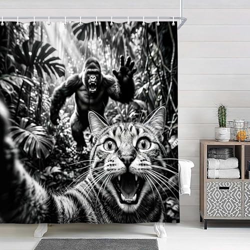 Image of Funny Cat Selfie with Gorilla in Jungle Shower Curtain, Black White Humorous Animal Bathroom Decor, Waterproof Polyester Fabric Bath Curtain Set with 12 Hooks, 47x64 Inch