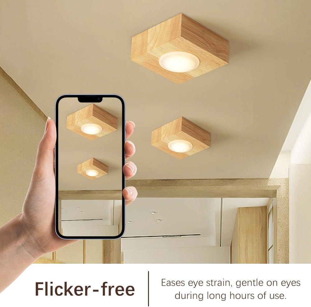 3.9" Square Spot Light Fixture Wood Ceiling Spotlight, 3W LED Semi Flush Mount Downlight Accent Lamp, Wooden Ceiling Spotlights for Living Room Hallway Restaurant(Wood-3000K)