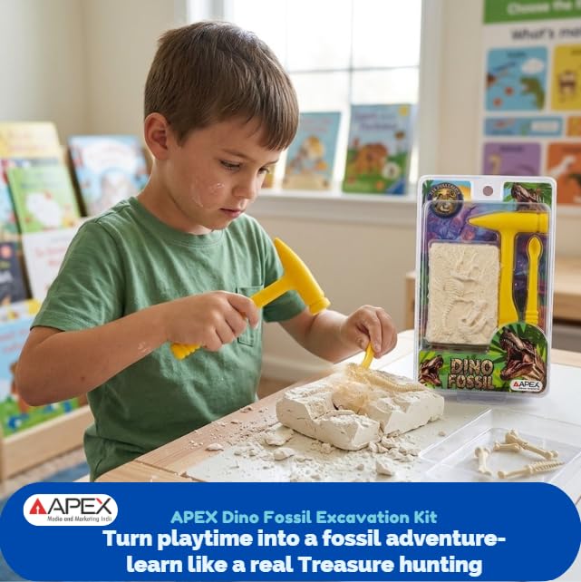 Image of APEX Dino Fossil Excavation Kit for Kids | Dinosaur Fossil Digging Toy with Excavation Tools | Educational STEM Learning Paleontology Set for Boys & Girls | DIY Dino Dig Adventure Game
