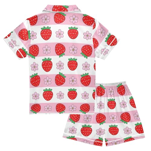 Simple Cute Strawberry Flower Pattern Summer Satin Pajama Set, Cute Button-Down Sleepwear Pj Set for Sleep Wears2