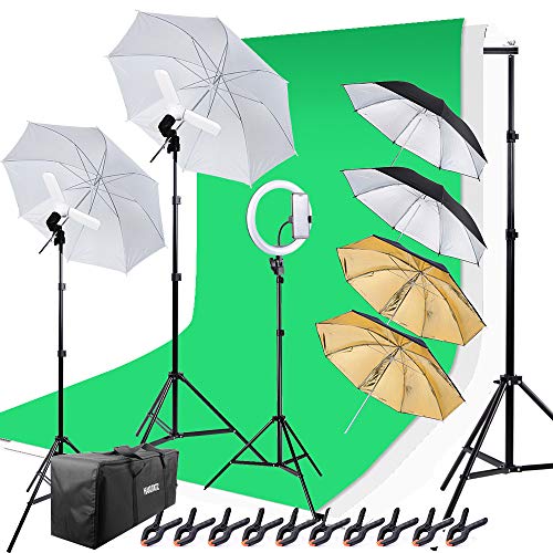 ® Profi Fotostudio Set Hintergrundsystem mit 10 Zoll Ringlight Studiosets (HK-6)