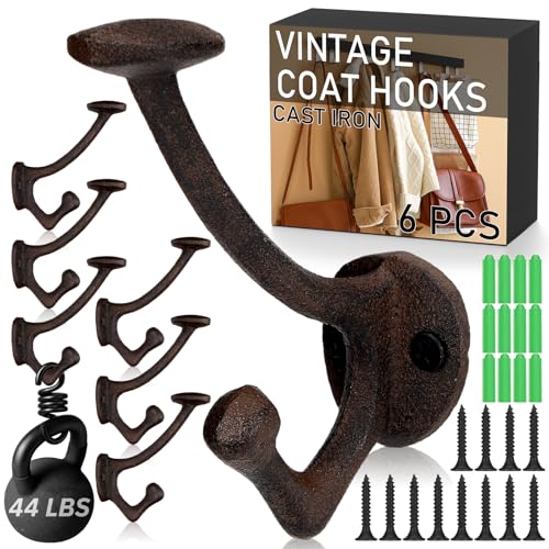 Duraaamo 6 Pcs Vintage Coat Hooks Cast Iron Wall Mounted
