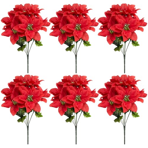 Prismoria 6PCS Poinsettia Artificial Flowers, Silk Red Poins