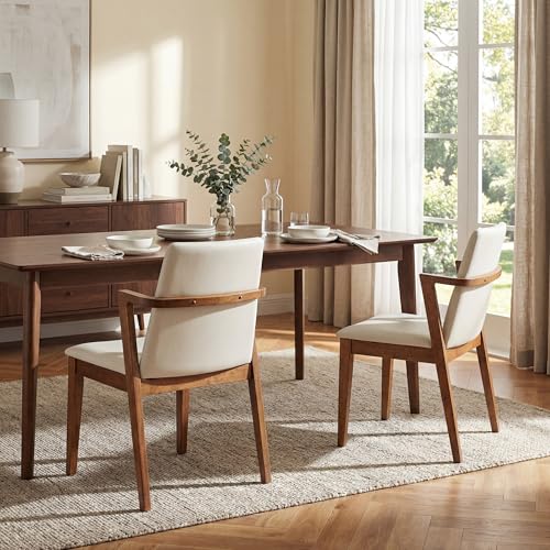 Merax Mid-Century Modern Dining Chairs Set of 2, Beige Pu Leather Upholstered Dining Chairs with Armrests & Walnut Rubber Wood Frame, 250lbs Capacity for Kitchen Dining Room, Easy Assembly by Merax - Used condition - US$149.35