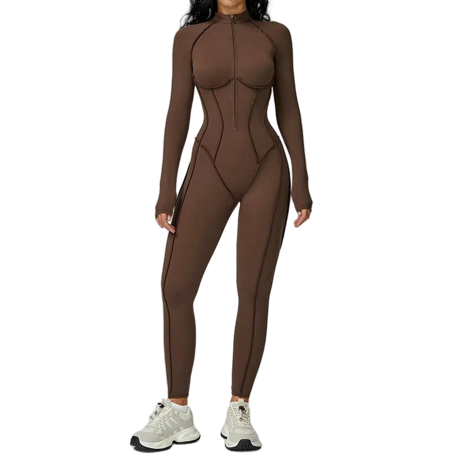 WANGSHUO Damskie Jesienne I Zimowe Legginsy Sportowe Damskie Bezszwowe Joga Jednoczęściowe Legginsy Z Długim Rękawem Fit Slim Sports Fitness Wear Track-Brown-SG