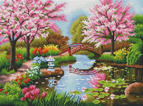 Meecaa Kreuzstich-Sets 11 Count gestempelt, Landschaft Brücke See Herbst Blume Stickerei-Set mit Zubehör vorgedruckt (36 x 46 cm) (Landschaft 1)