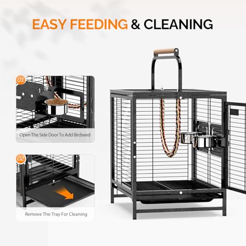 Image of VINGLI Small Bird Cage, 19 inch Travel Carrier Bird Cage with Handle, Wrought Iron Parakeet Cage with Wooden Perch for Parrot Lovebirds Finches Small /Medium Birds (Hammertone Black)