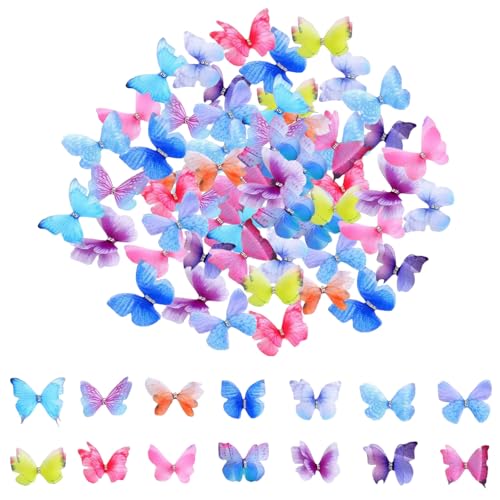 Lashua 70 Stück Mini Schmetterling Deko, Organza Stoff, Doppellagiger, 3D Schmetterlinge 4,5 CM Für Kleidung Applikationen, Haarspangen, Scrapbooking, Wanddekoration, DIY Dekoration, 14 Stil