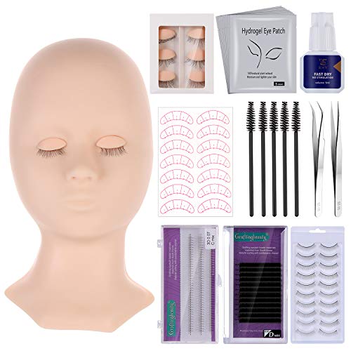 Eyelash Extension Kit,Mannequin Head With Replaced Eyelids Silicone Training Exercise Set Lash Extension Supplies for Beginners,Professional Makeup And Eyelash Extension Kit