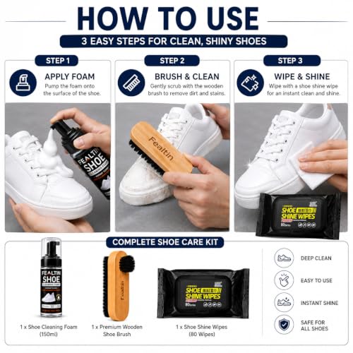 Image of Shoe Cleaning Kit 3 in 1 with 150ml Shoe Cleaning Foam, Premium Wooden Shoe Brush & 80 Shoe Shine Wipes | Sneaker Cleaner Kit for Leather, Suede, Nubuck, Canvas, Sports & Casual Shoes