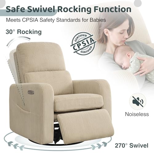 Image of Swivel Rocker Recliner, Oversized Power Recliner Nursery Glider with Removable Cushion, Upholstered Corduroy Swivel Reclining Chairs for Nursery Living Room Bedroom, Camel