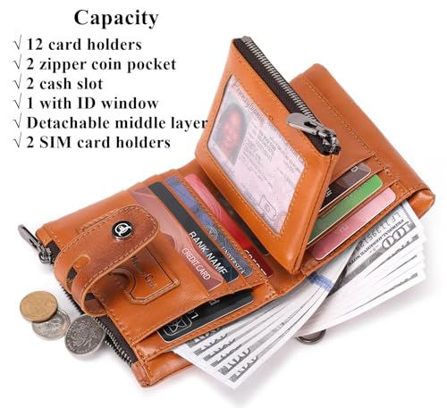 BULLCAPTAIN Bifold Mens Wallet with Chain Genuine Leather RFID Blocking Wallets Removable Zipper Coin Purse with ID Window (yellowish brown)3