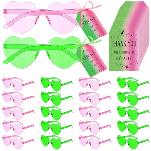 Flutesan 24 Pairs Witch Party Heart Sunglasses Props Favor Pink and Green Heart Sunglasses with Thank You Card Gift Favor for Birthday Party Photo Gift Outfit Accessories