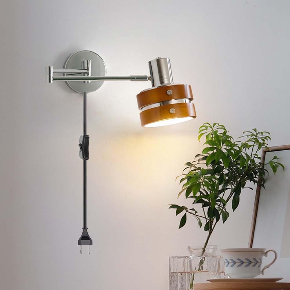 Holz Vintage Wandleuchte Schwenkarm Innen Wandlampe Verstellbar Lange Arm Wandleuchten mit Stecker und Kabel Schalter Wand Leseleuchte Faltbar Drehbarelampe für Wohnzimmer Schlafzimmer