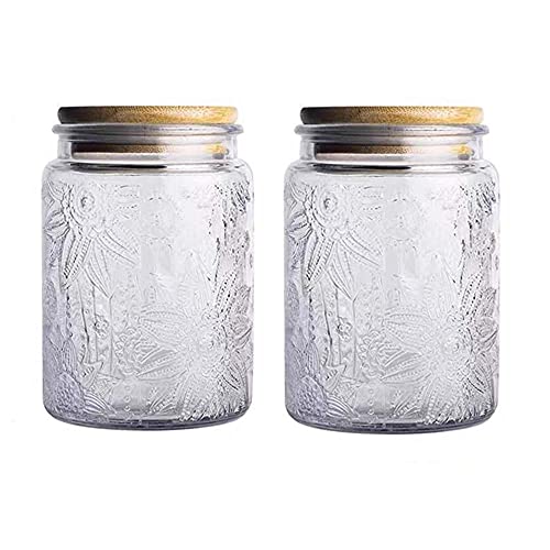 Livejun Vintage Glass Jar Canister Storage Jar with Seal Wooden Lid Retro Design for Kitchen Counter, Pantry, Tea, Sugar, Coffee Tea Beans,Flour 23.5 oz Set of 2 (sunflower)