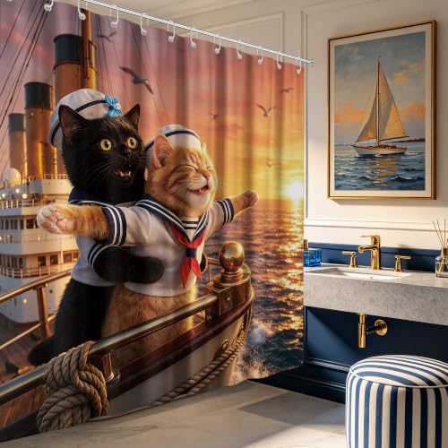 Image of Extra Tall Shower Curtain XL Fun Black Cat, 70 x 96 Inchs