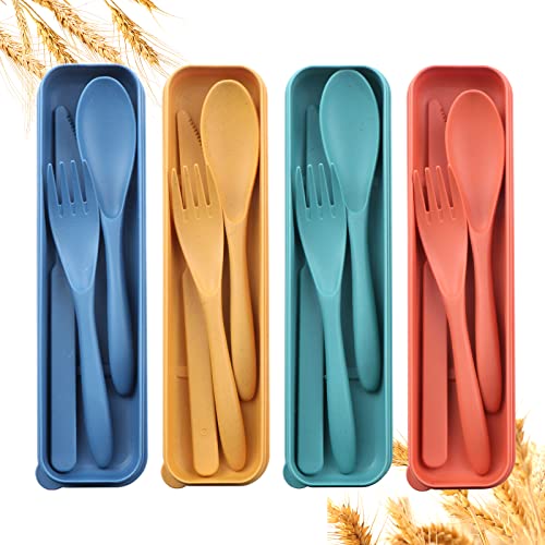 Dyrich UPDATE Reusable Travel Utensils Set With Case, 4 Sets Wheat Straw Portable Plastic Fork Spoons Knife Camping Cutlery, Eco-Friendly Bpa Free Lunch Tableware Travel Picnic Silverware cover