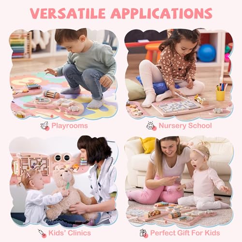 Image of ROBOTIME Crocodile Busy Board Wall Panels for Toddlers, Pink Montessori Sensory Activity Board, Montessori Sensory Wall-Mounted Learning Center Toy for Kids Room, Educational Toys for Boys & Girls