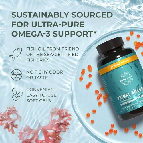 Primal Harvest Omega 3 Fish Oil Supplements, 30 Servings Soft Gels Capsules w/ 1000mg EPA + DHA Supplements, No Fishy Burps Non-GMO Omega 3 Fatty Acid - Image 6