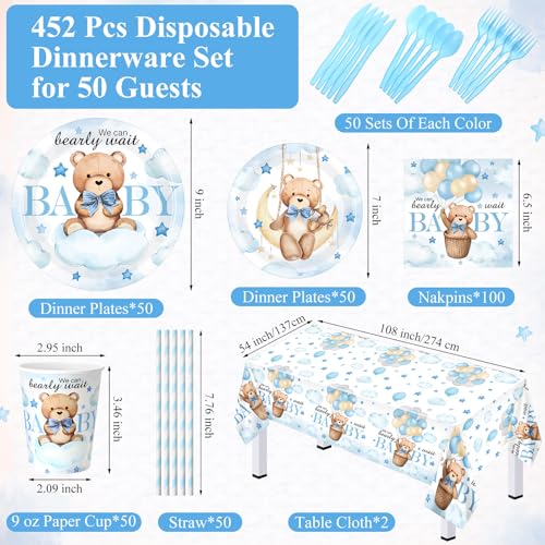 Image of Funnymoom 452 Pcs 50 Guests We Can Bearly Wait Baby Shower Decorations Boy, Blue Baby Boy Shower Paper Plates Napkins Cups Tablecloth Cutlery Straws Tableware Set for Gender Reveal Party Supplies