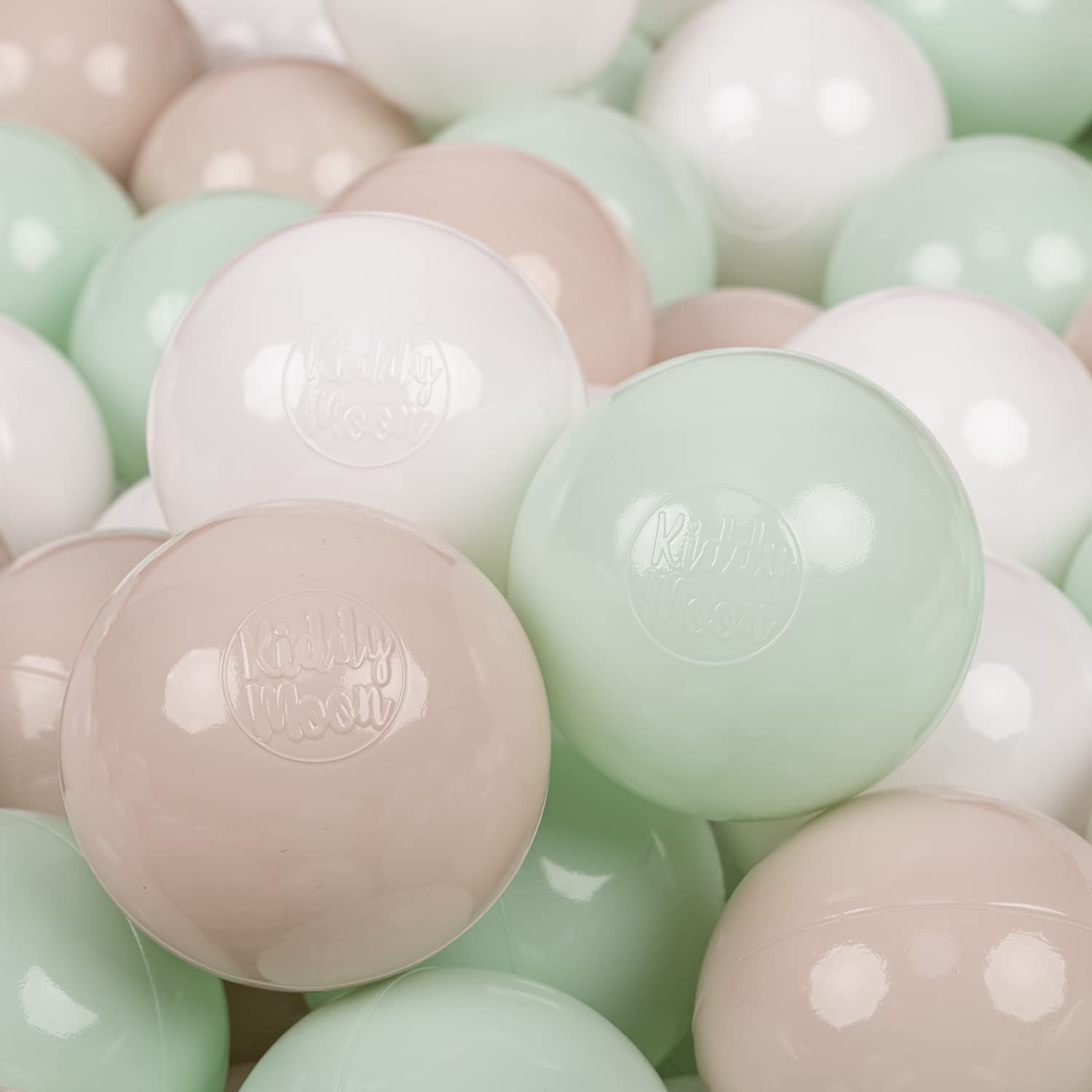 KiddyMoon Soft Plastic Play Balls 200 Balls/7Cm-2.75In Multi-Colour Made In EU, Pastel Beige/White/Mint
