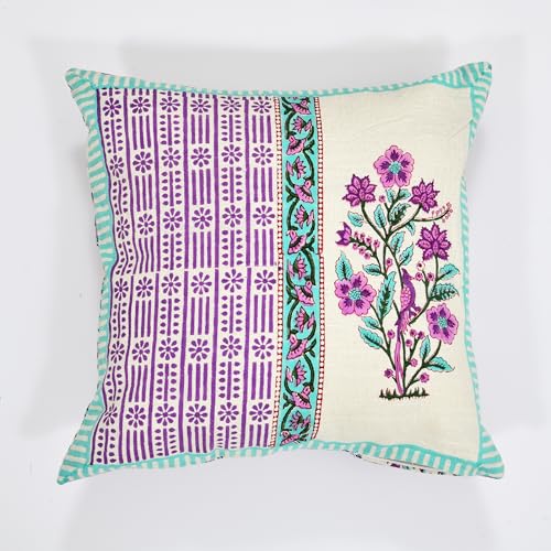 Image of BLOCKS OF INDIA Hand Block Printed Cotton Linen Cushion Cover (16 x 16 inches) (DYE Purple Turq Half)