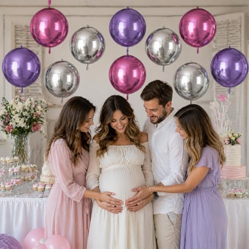 Image of 9 Pcs Pink Purple Silver Round Foil Balloons,22 Inch Round Balloons