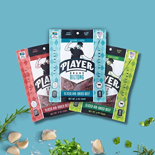Player Brand Biltong, Air-Dried Beef, South African Jerky, Garlic & Herb, 2 Oz (Pack Of 3), High Protein, Zero Sugar, Keto, Paleo #TOP6