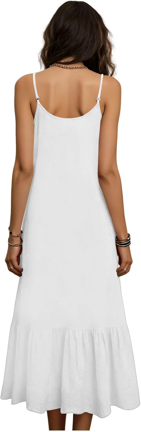 Womens Summer Casual Loose Sleeveless Sundress Spaghetti Strap V Neck Flowy Beach Vacation Maxi Long Dress