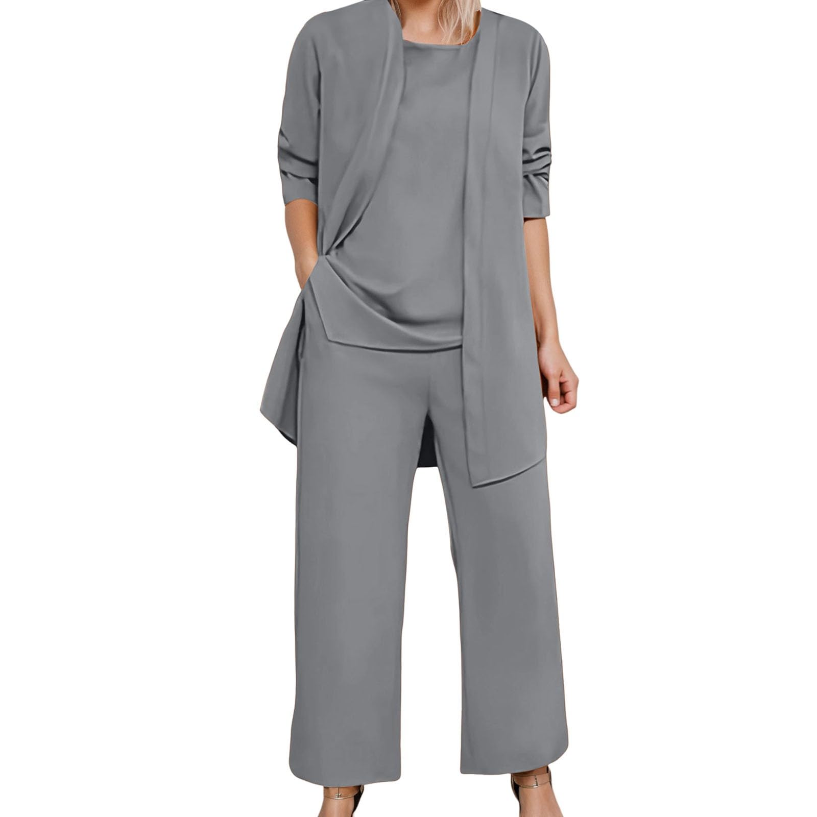Generisch Hosenanzüge Damen Sommer 3 Teiler Chiffon Festlich Elegant Spitze Kleid Set Hochzeit Üro Business Outfit Dreiteilig Freizeitanzug Elegant Arbeitskleidung Damenanzug Abendanzug Sets