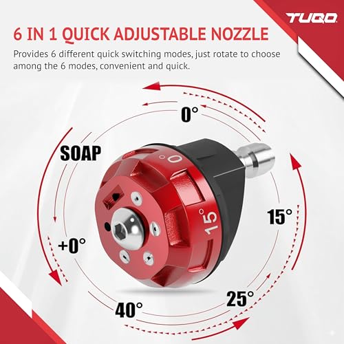 Image of TUQO 6-in-1 Pressure Washer Nozzle | Metal Body with 1 /4 inch Quick Connector | 6 Spray Patterns for Versatile Cleaning | 3000 PSI | Easy Rotation for Quick Change | High-Pressure Washer Accessory DS358