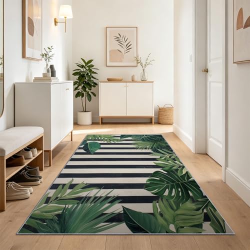 Tapis lavable plante rayure verticale 60x180cm antidérapant vert - 3