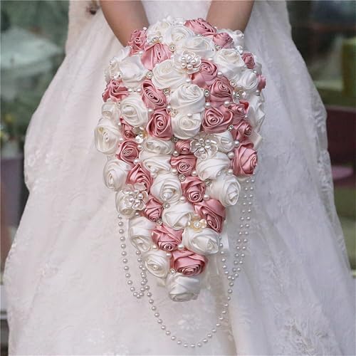 TUAGYMKR Handmade Satin Rose Water Drop Bridal Bouquet,8.7inch Crystal Wedding Round Tossing Bouquet,Jewelry Proposal Bridesmaid Bouquet Groom Corsage Bride Wrist Flower Ivory (Pink)