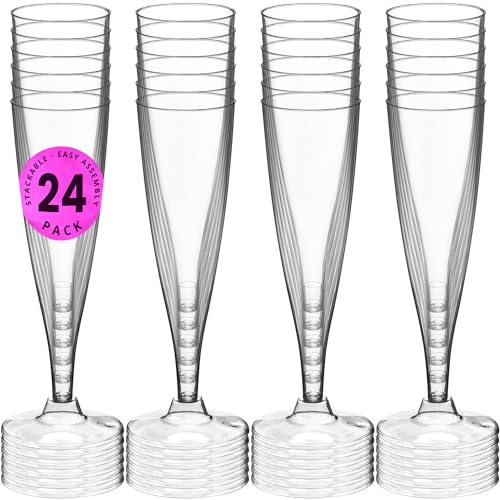 DecorRack 24 Champagne Glasses, 5 Oz -BPA Free- Plastic Flutes, Perfect for Outdoor Parties, Weddings, Hosting, Stackable, Reusable, Disposable Stemmed Cups (Pack of 24)